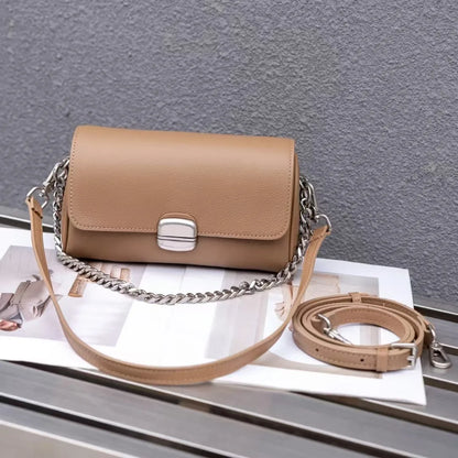 Supple Genuine Leather Women's Barrel Crossbody Bag - Commuter-Friendly Small Chain Strap Shoulder Bag for Everyday Chic