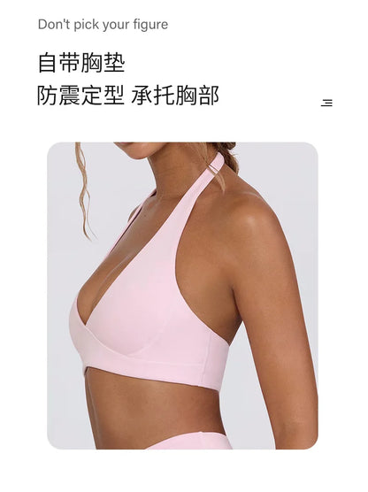 Women's Yoga Suits Quick Drying Leggings Gym Shorts Nude Hanging Neck Bra Running Gym Exercise Sets