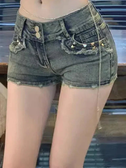 American vintage hot girl denim shorts female summer new low waist show thin high street design feeling pack hip ultra short hot