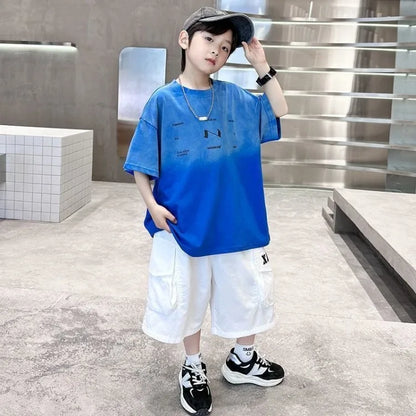 2026 New Boys Cotton T-Shirt Trendy Gradient Design for Big Kids Stylish Cool Summer Casual Wear