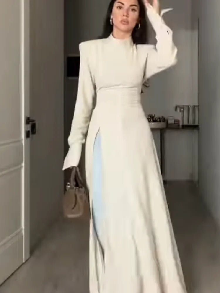 Women's Elegant High Neck Long Sleeve Maxi Dress With Side Slit Shoulder Pad Slim Fit Floor Length Tunic Top Versatile Clothing