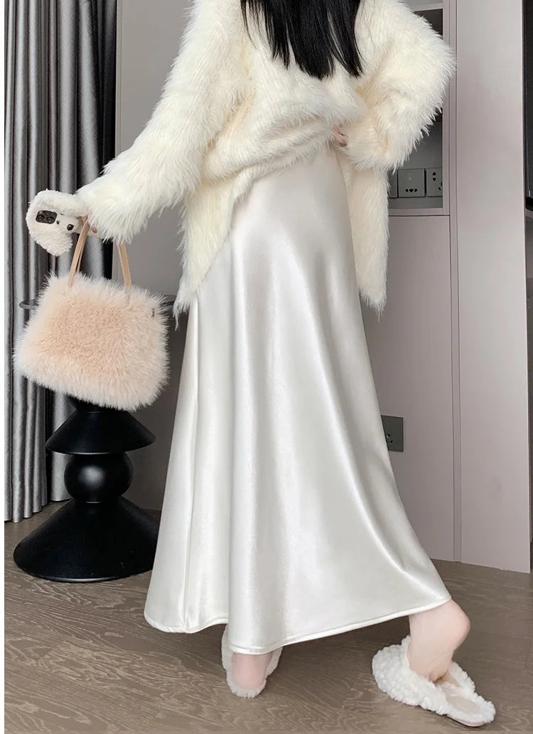 New Autumn Winter Solid Satin Silk Mermaid Skirt Women Fashion High Waist Office Ladies Work Warmth Party Long Maxi Skirt