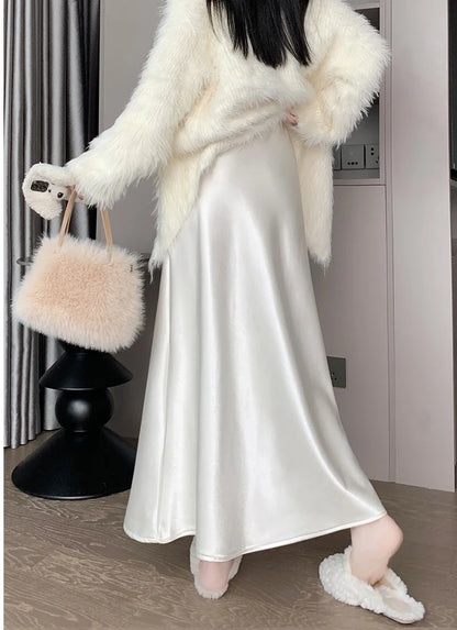 New Autumn Winter Solid Satin Silk Mermaid Skirt Women Fashion High Waist Office Ladies Work Warmth Party Long Maxi Skirt