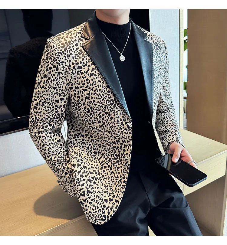 Splicing Leather Neck Casual Suit Jacket Fashion Leopard Men's Business Slim Fit Social Formal Blazers Wedding Groom Tuxedos