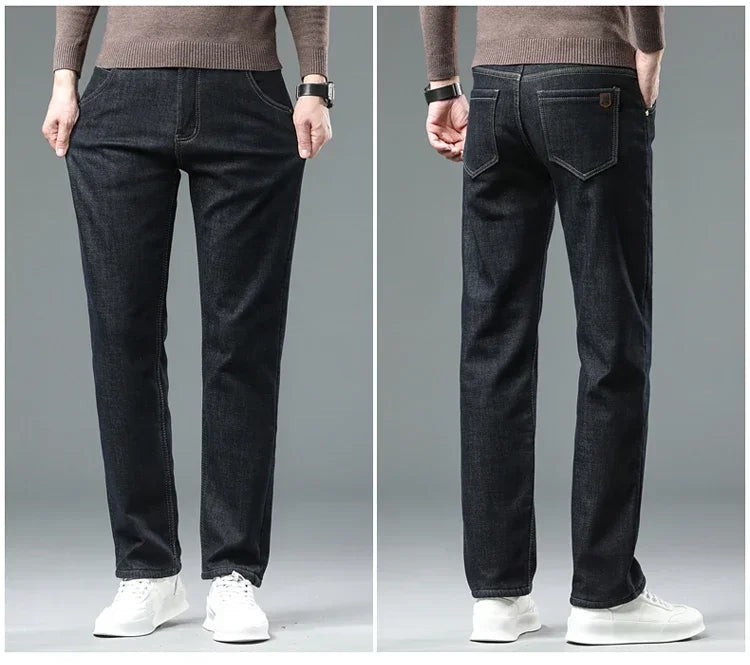 Winter Warm Fleece Jeans Men 2023 Straight Stretch Thick Casual Thermal Denim Pants Male Business Work Trousers New Men Clothing