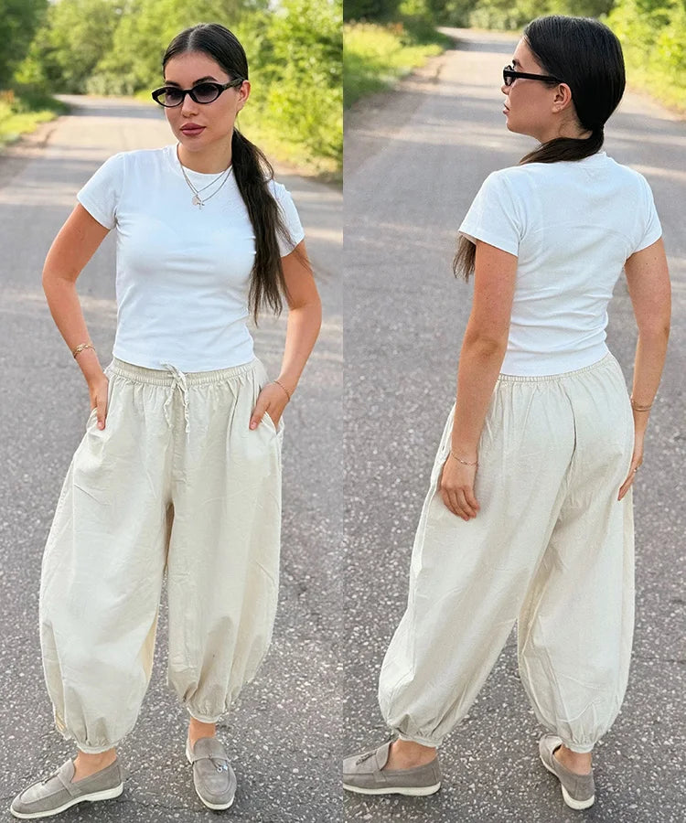 Summer Cotton Oversized Pants For Women Blue Baggy Aladdin Trousers Elastic Bloomers Navy Blue Cropped Lantern Harem Pants Woman