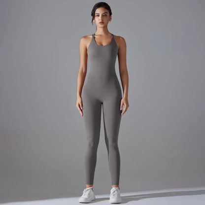 Sexy Backless Bodycon Scrunch Jumpsuit Raises Butt Women Dance Fitness Overalls Push Up Sleeveless Yoga Sport Jump Suit