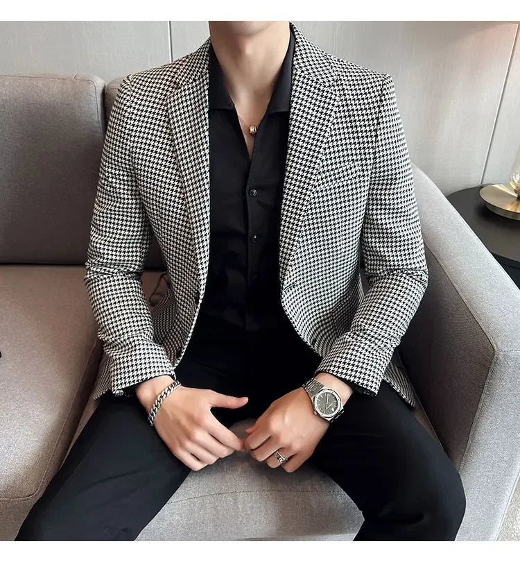2025 Spring Men's Plaid Suit Jacket Korean Luxury Business Slim Fit Social Suit Jacket Formal Social Party Wedding Prom Tuxedo
