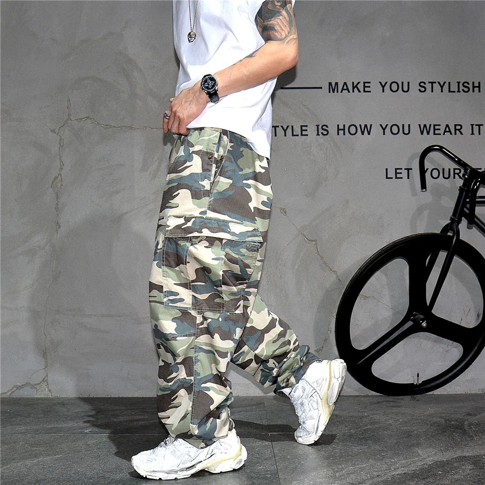 Heavy weight Tactical Cargo Pants For Men Vintage Camo Multi-Pocket Loose Fit Straight Leg Outdoor Streetwear Casual Trousers