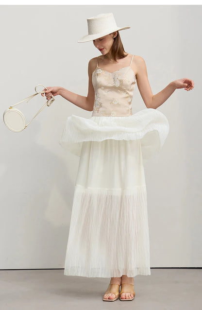 Long Skirt 2026 Spring New Casual Vacation Waist Pleated Mesh Long Skirt Women Loose Solid Versatile Woman Clothes 12621001