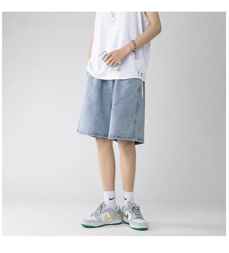 Wide Baggy Denim Shorts Men Summer Thin Solid Color Casual Loose Knee-length Pants Male Jeans Shorts Streetwear