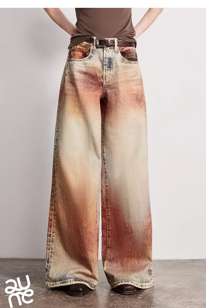 Women Jeans 2026 Spring New Wilderness Wasteland Style Mid Low Waist Loose Printed Wide Leg Pants