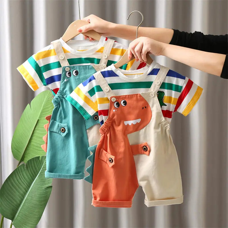 Summer Kids Boys Clothing Toddler Fashion Rainbow Clothes T Shirt Cartoon Dinosaur Bib Pants 2Pcs/Set Children Costume Suit