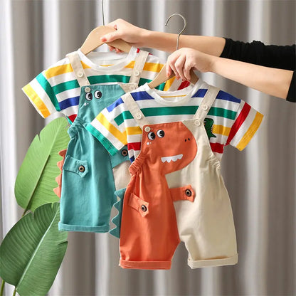 Summer Kids Boys Clothing Toddler Fashion Rainbow Clothes T Shirt Cartoon Dinosaur Bib Pants 2Pcs/Set Children Costume Suit