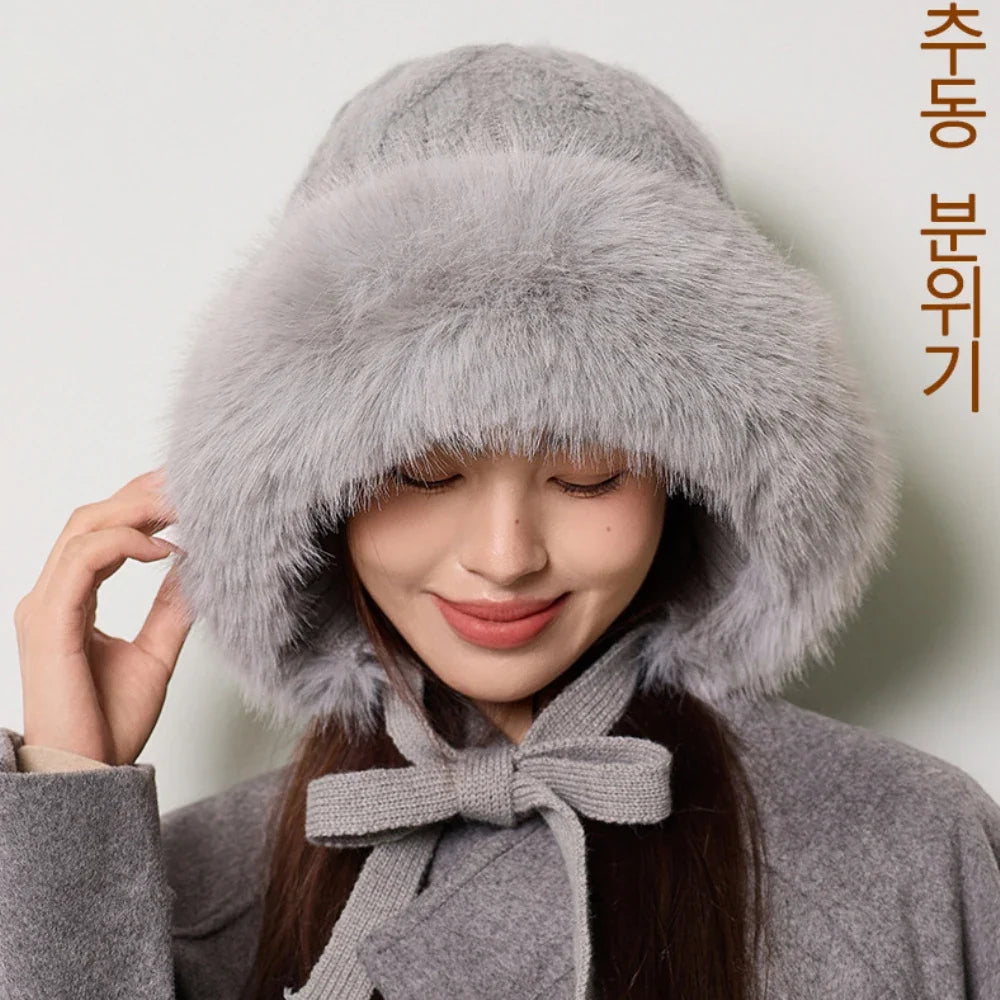 Knitted Hat New Thick Warm Winter Russian Hat Women Windproof Fluffy Fur Hat Lady Skullies Beanies Female Ski Earflap Cap