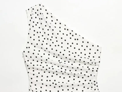 Women One Shoulder Sleeveless Polka Dot Mini Dress Ruched Waist Ruffle Hem Elegant Casual Party Short Dress Spring Summer