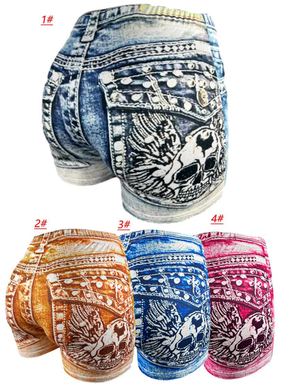 Women's Faux Denim Print High Stretch Slim Shorts, Versatile Yoga Shorts, Polyester Non-Denim Material