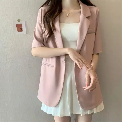 Loose Casual Thin Short Sleeve Women's Suit Jacket Summer New Style Korean Version Fashionable All-Match Lightweight Polyeste...