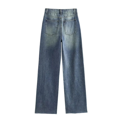 Wide-leg high-waisted jeans  women's classic everything with five pockets washed soft comfortable ultra-long jeans6045022