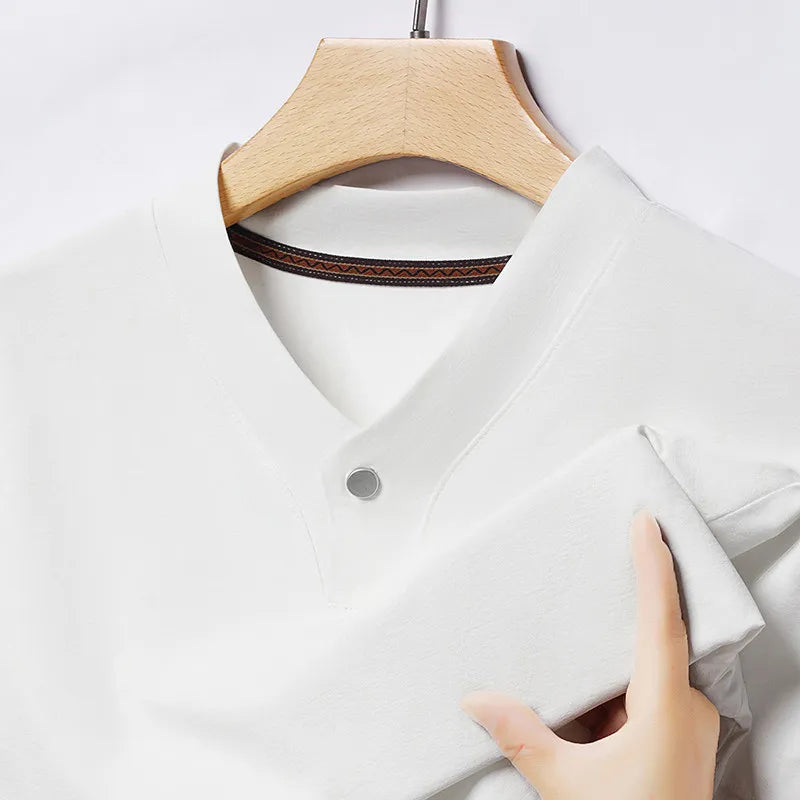 2026 Korean Style Men's Casual and Fashionable One Button V-neck Solid Color Short Sleeved T-shirt Summer Versatile Top