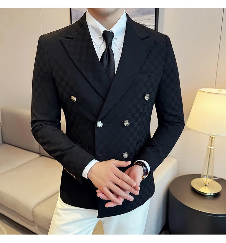 6 Color Luxury Double Breasted Blazers Coats 2024 New Fashion Checkered Business Slim Fit Social   Formal Suit Jacket 5XL-M