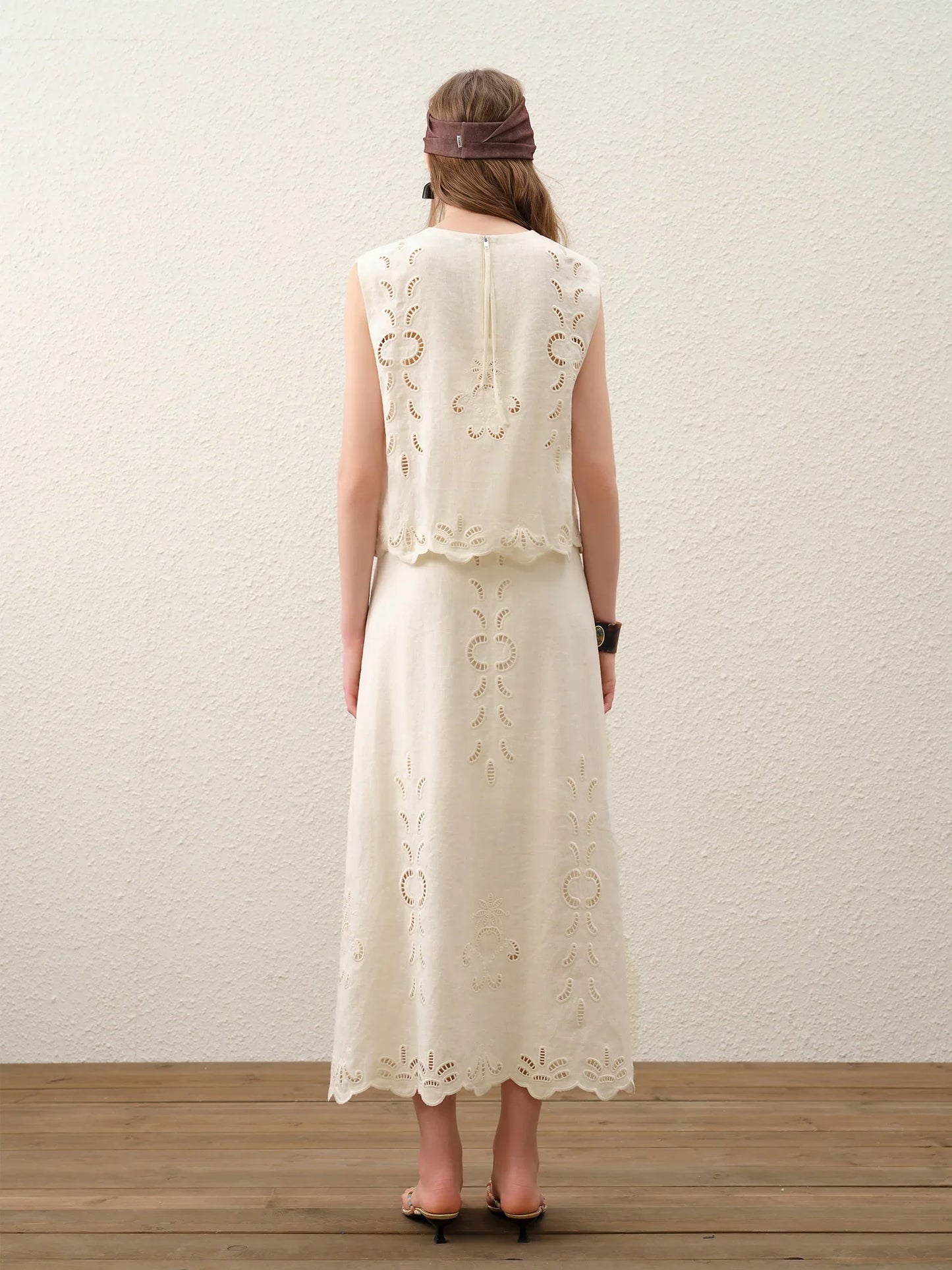 Summer Women Linen Two Piece Set Cut-Out Embroidered Sleeveless Top Midi Skirt Boho Beach Vacation Style