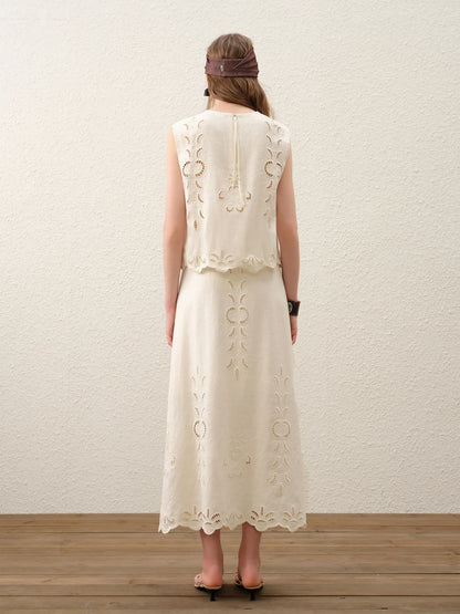 Summer Women Linen Two Piece Set Cut-Out Embroidered Sleeveless Top Midi Skirt Boho Beach Vacation Style