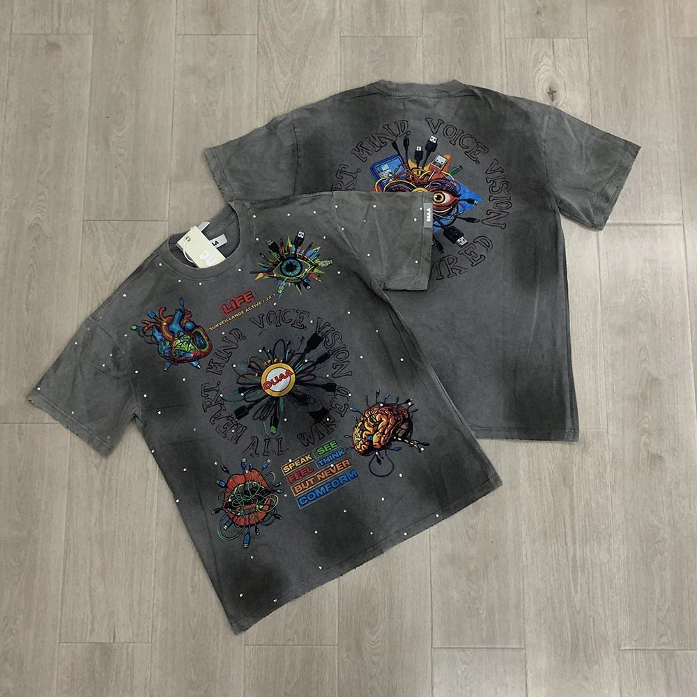Car Letter Rhinestone Washed Cotton Short Sleeve Tshirts for Men and Women Harajuku Hip Hop Loose Shinning Diamond Tees Oversize