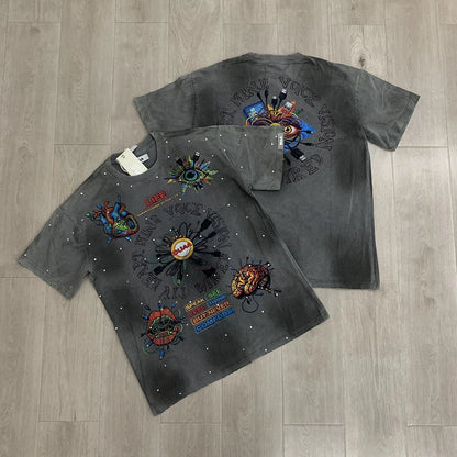 Car Letter Rhinestone Washed Cotton Short Sleeve Tshirts for Men and Women Harajuku Hip Hop Loose Shinning Diamond Tees Oversize