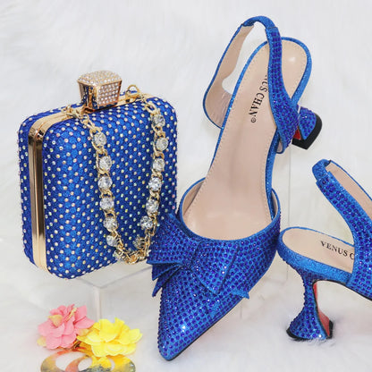 Bridal High Heels for Women 2023 Pointed Toe With Bows Gold Color Rhinestone  Elegant Party Wedding Shoe and Bag Set