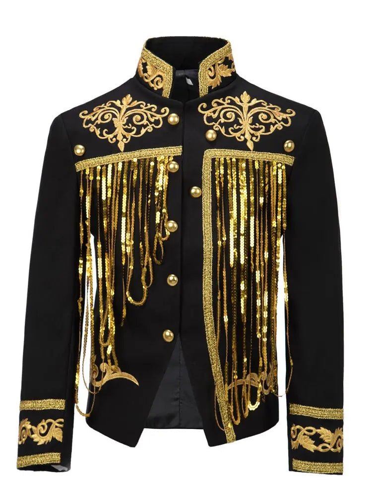 Steampunk Men's Jacket DJ Dancer Ternos White Men Costumes Clothing Black and Gold Blazer with Sequin Tassels for Performer