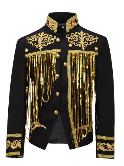 Steampunk Men's Jacket DJ Dancer Ternos White Men Costumes Clothing Black and Gold Blazer with Sequin Tassels for Performer