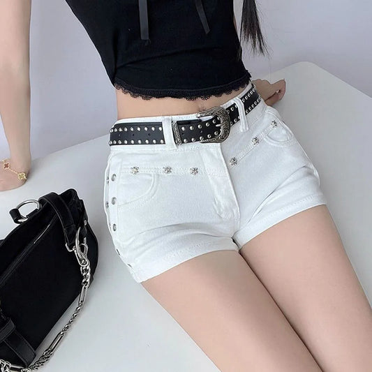 Women's Summer White Denim Shorts Sexy Skinny Elasticity Y2K Short Jeans Female Retro Personality Gothic Rivet Cowboy Shorts