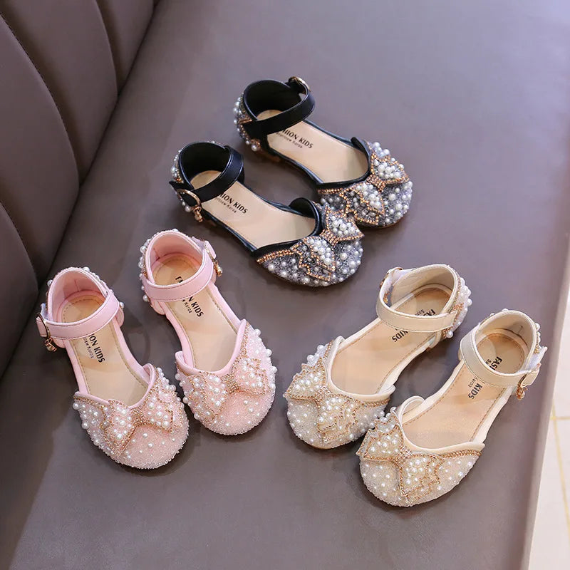 2025 New Summer Style Fashionable Comfortable Casual and Elegant Flat Bow Toe-toe Beaded Wear-resistant Girls' Leather Shoes