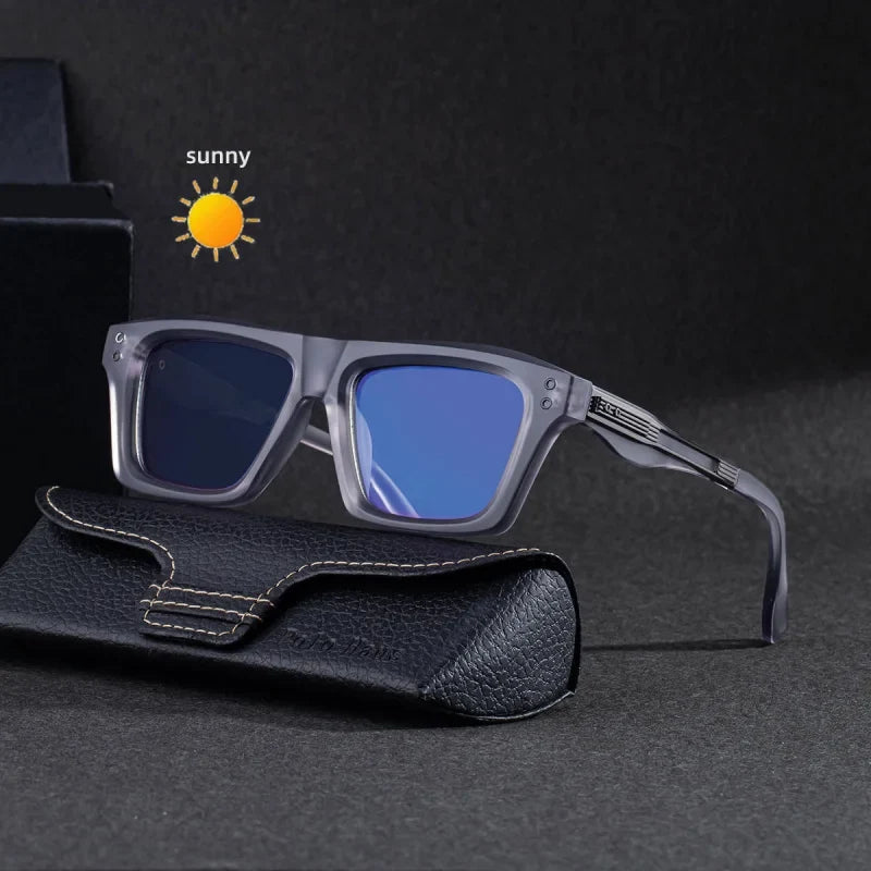 2026 New European and American Fashion Square Frame Photochromic Sunglasses for Men, Retro and Unique Outdoor Driving Sunglasses