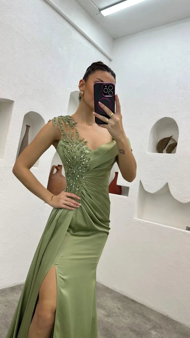 Satin Mermaid Evening Dresses Beading Lace  Saudi Arabic Prom Gowns Floor Length Formal Occasion Dress 2024 Customized