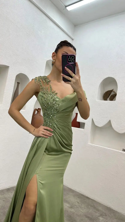 Satin Mermaid Evening Dresses Beading Lace  Saudi Arabic Prom Gowns Floor Length Formal Occasion Dress 2024 Customized