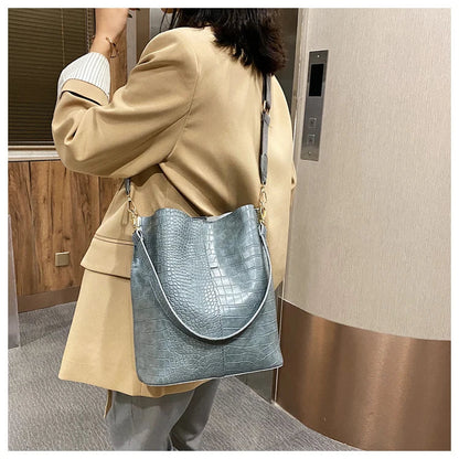 Women Bag Vintage Crocodile Pattern Crossbody Bags for Women PU Leather Trend Designer Shoulder Handbags Large Capacity Bucket