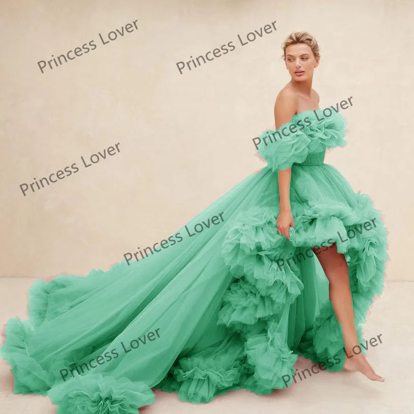 Women Prom Dresses Tulle High Low Vestido de Novia Robes Off the Shoulder Evening Dress Ruffled Fluffy Party Gowns Customized