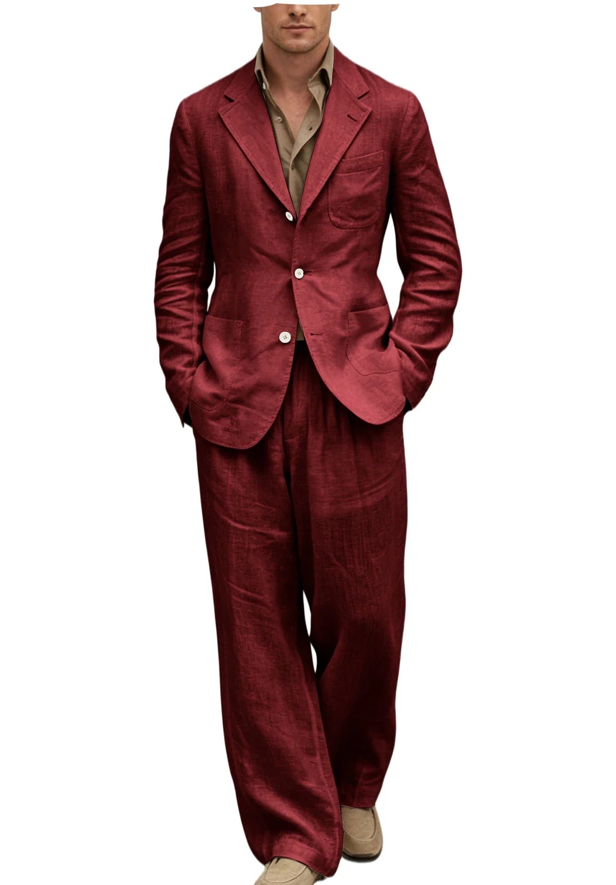 Men's Linen Suit 2 Pieces Set Casual Blazer & Wide Leg Pants Notch Lapel Breathable Wedding Business Party Jacket Tuxedo Summer