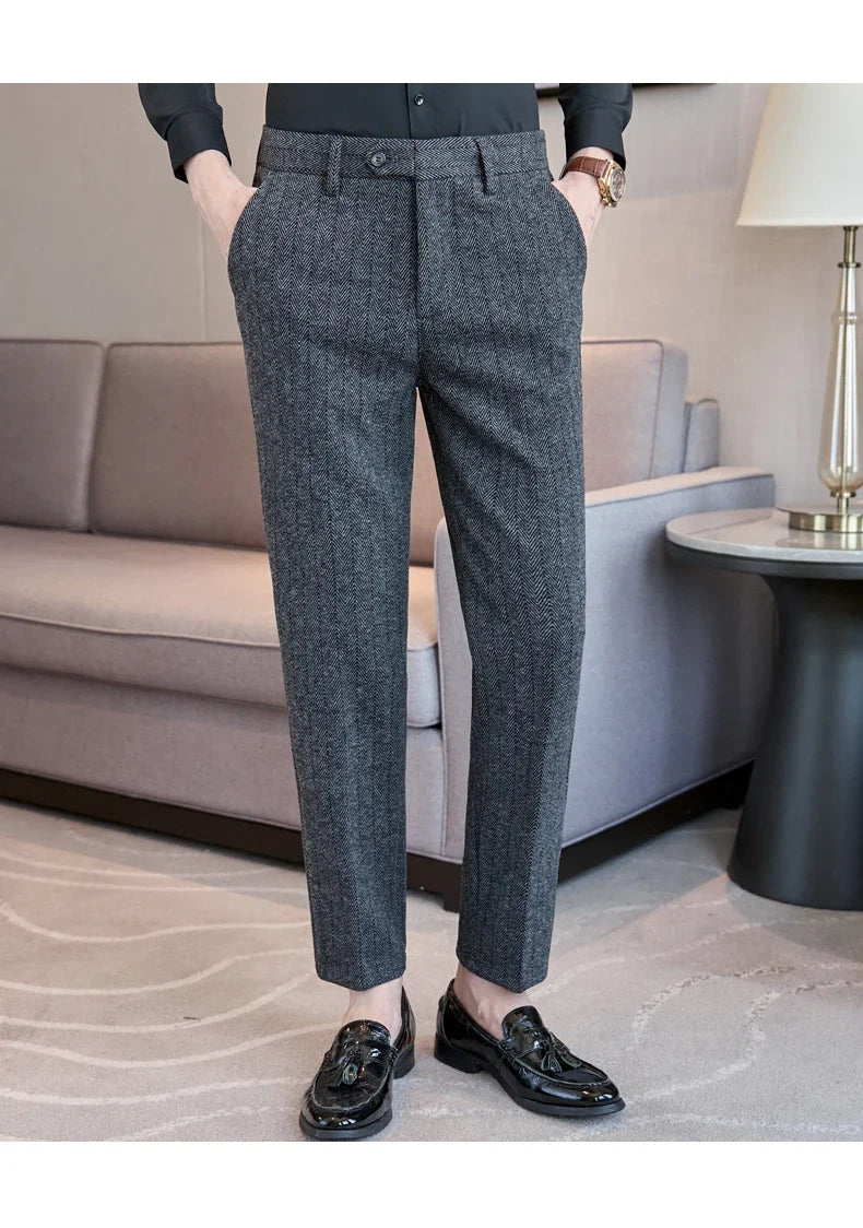 2025 Autumn Winter New Stripe Woolen Cloth Suit Pants Men Thick Warm Fashion Business Casual Male Straight Formal Trousers