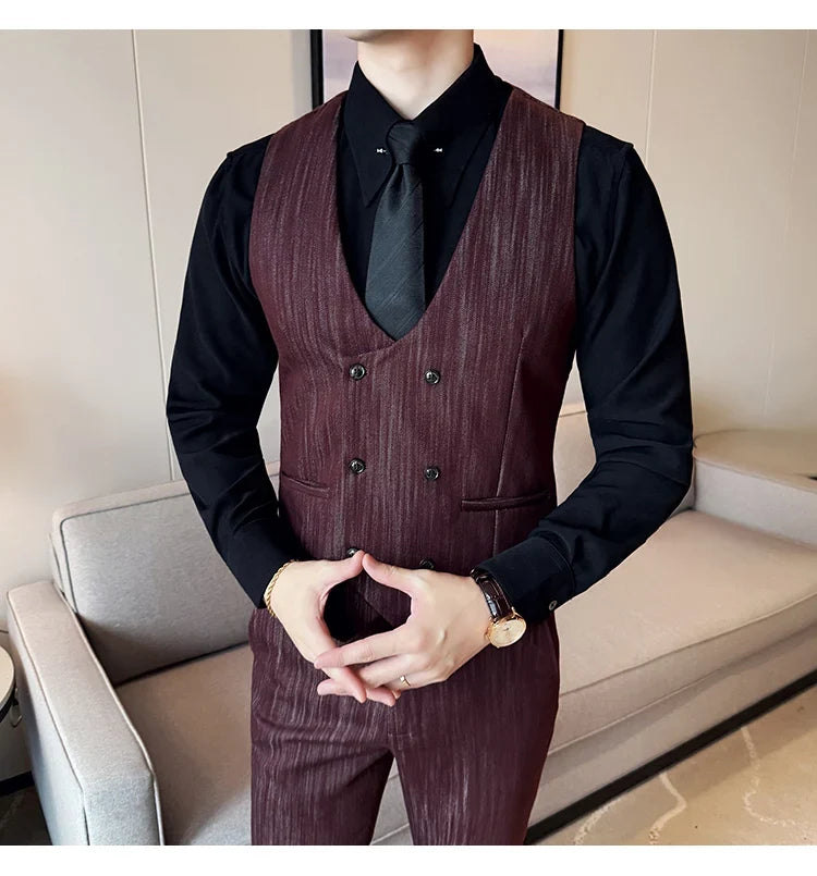 ( Vest + Pants) Double-breasted Striped With Pants Men Business Slim Fit Suit Vest 2 pieces Formal Groom Wedding Dress Vest