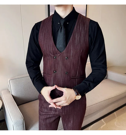 ( Vest + Pants) Double-breasted Striped With Pants Men Business Slim Fit Suit Vest 2 pieces Formal Groom Wedding Dress Vest