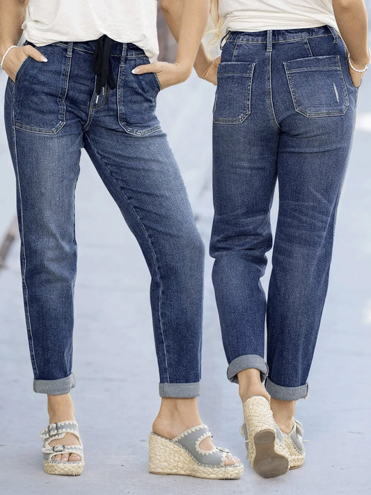 Women's Slim Fit Tie-Waist Washed Denim Jeans – Stylish and Comfortable Denim Pants for Effortless Everyday Wear