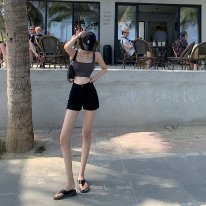 Y2K Korean Style Women's Black High Waisted Denim Shorts New A-Line Wide Leg Slim Fit Casual Summer Streetwear Trendy Hot Pants