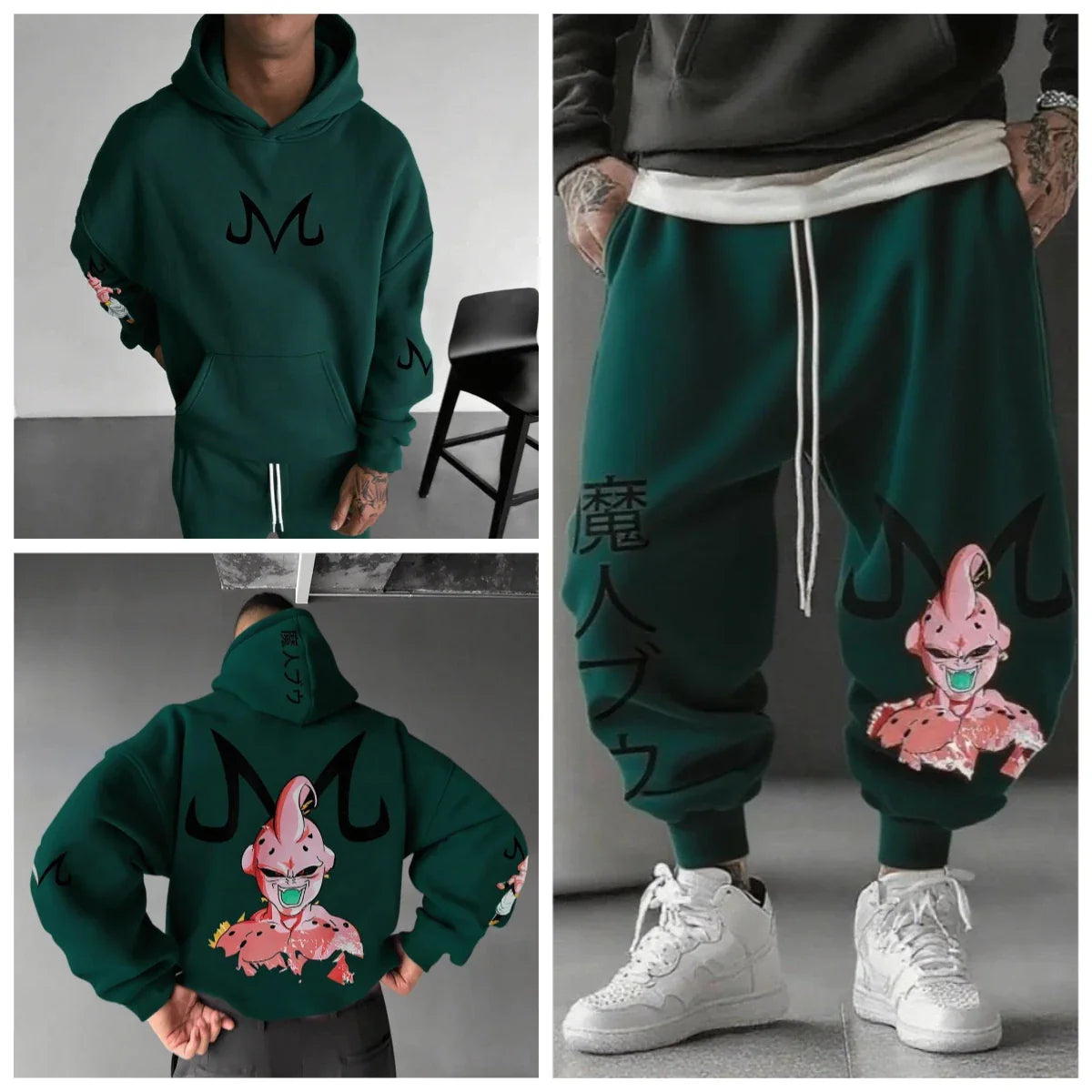 Majin Buu Hoodie Pants Set Anime Cotton Loose Fit Graphic Print Streetwear Casual Sweatshirt Joggers Japanese Cartoon Character