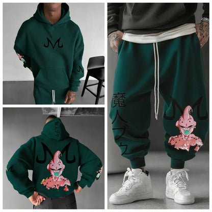 Majin Buu Hoodie Pants Set Anime Cotton Loose Fit Graphic Print Streetwear Casual Sweatshirt Joggers Japanese Cartoon Character
