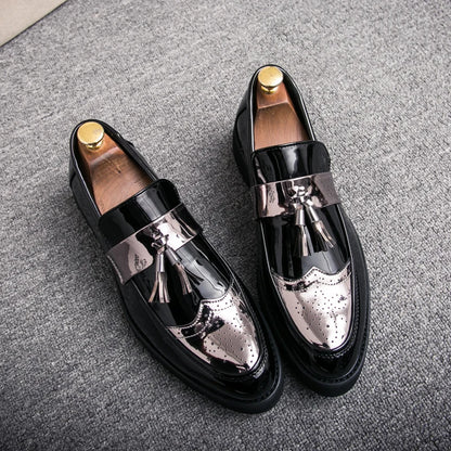 Fashion Golden Men's Casual Slip-On Tassel Patent Loafers Thick Bottom Elevator Shoes Men's Party Shoes Business Shoes Brogue