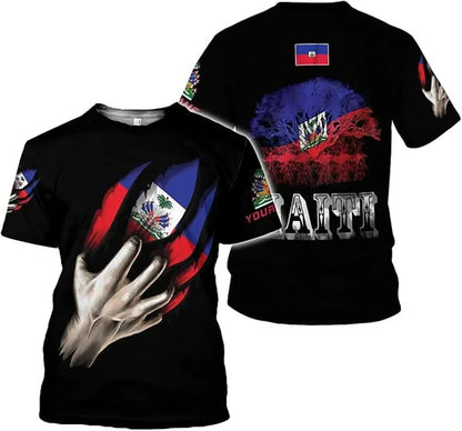 Haitian Flag Pattern Men's T-shirt 3D Printed Haiti National Emblem Short Sleeves Fashion Tops T Shirts National Day Tee Shirt