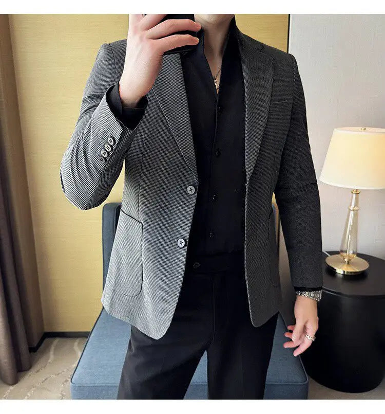 Korean Vintage Elegant Men's Business Slim Fit Suit Jacket 2026 New Fashion Lapel Single Breasted Men Social Party Dress Coats